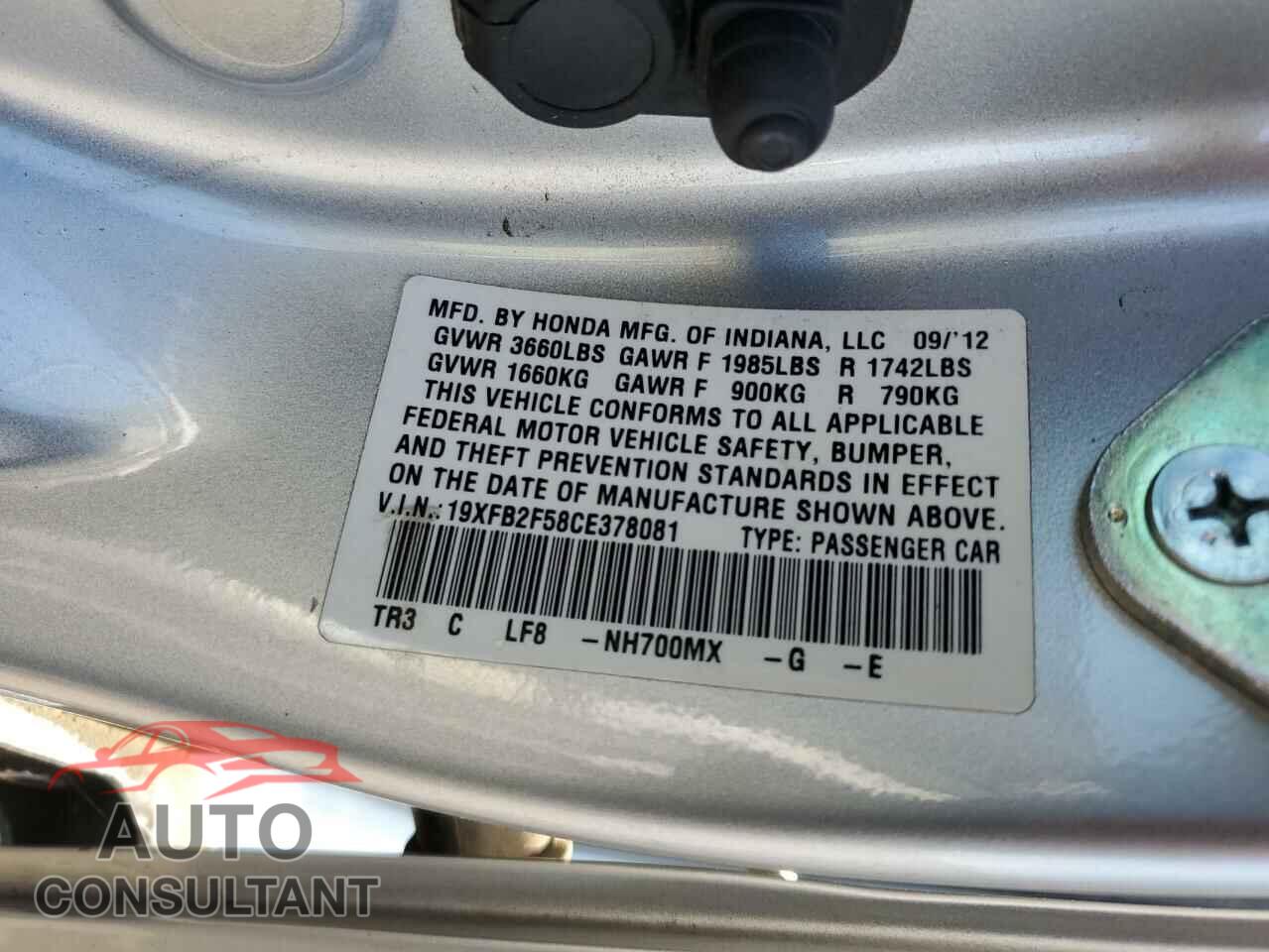 HONDA CIVIC 2012 - 19XFB2F58CE378081