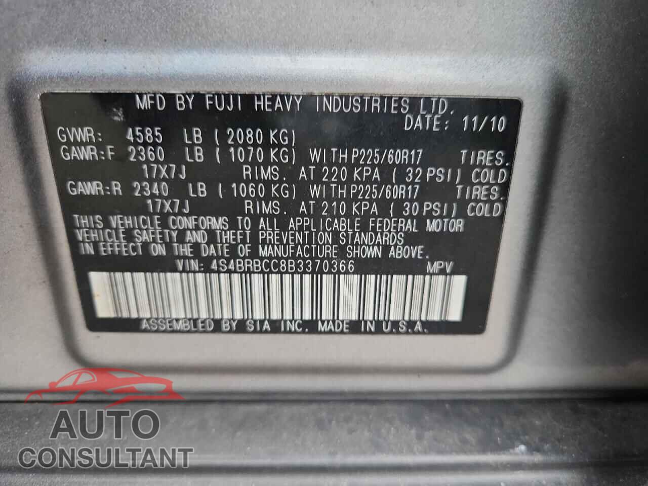 SUBARU OUTBACK 2011 - 4S4BRBCC8B3370366