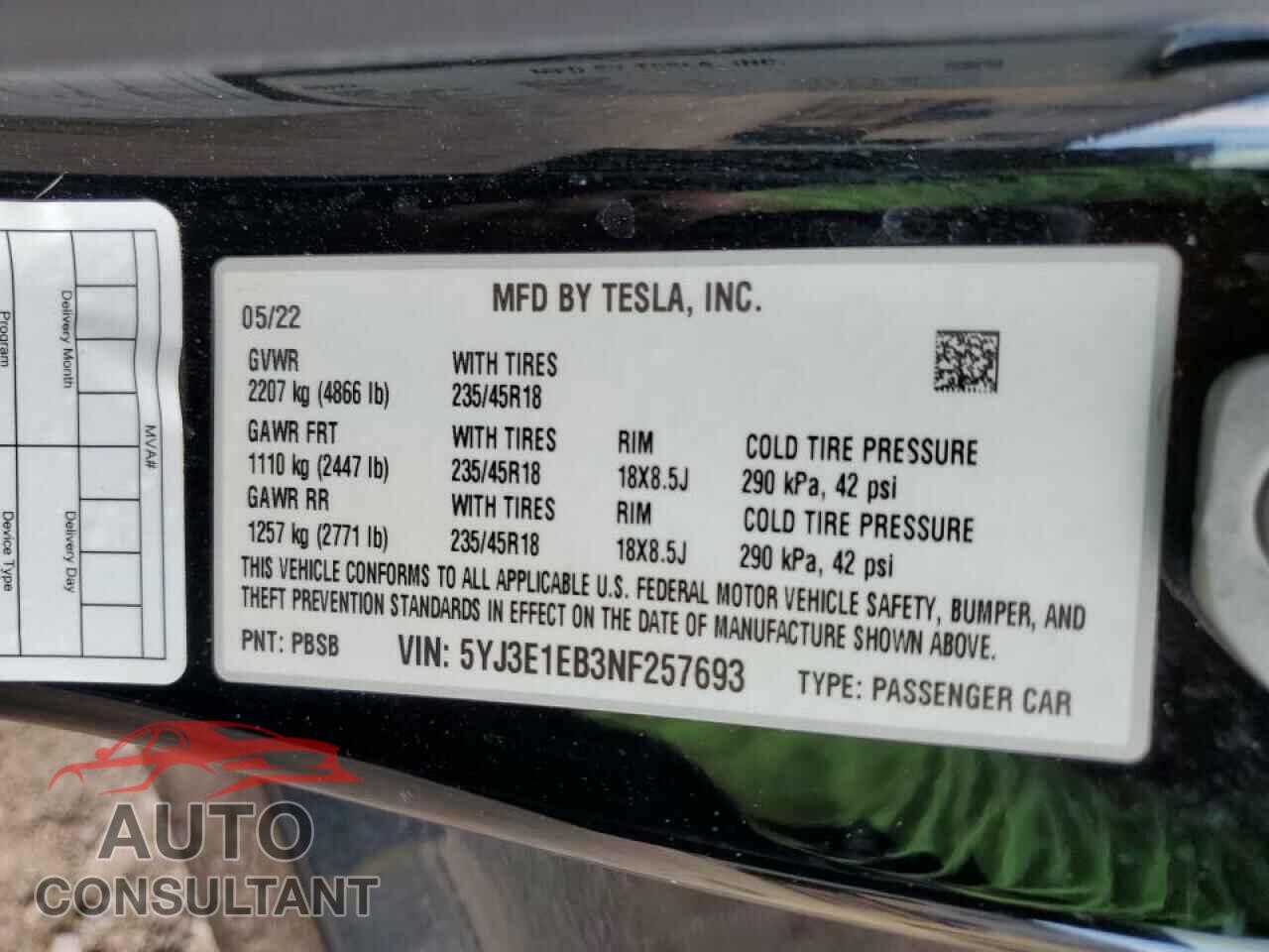 TESLA MODEL 3 2022 - 5YJ3E1EB3NF257693