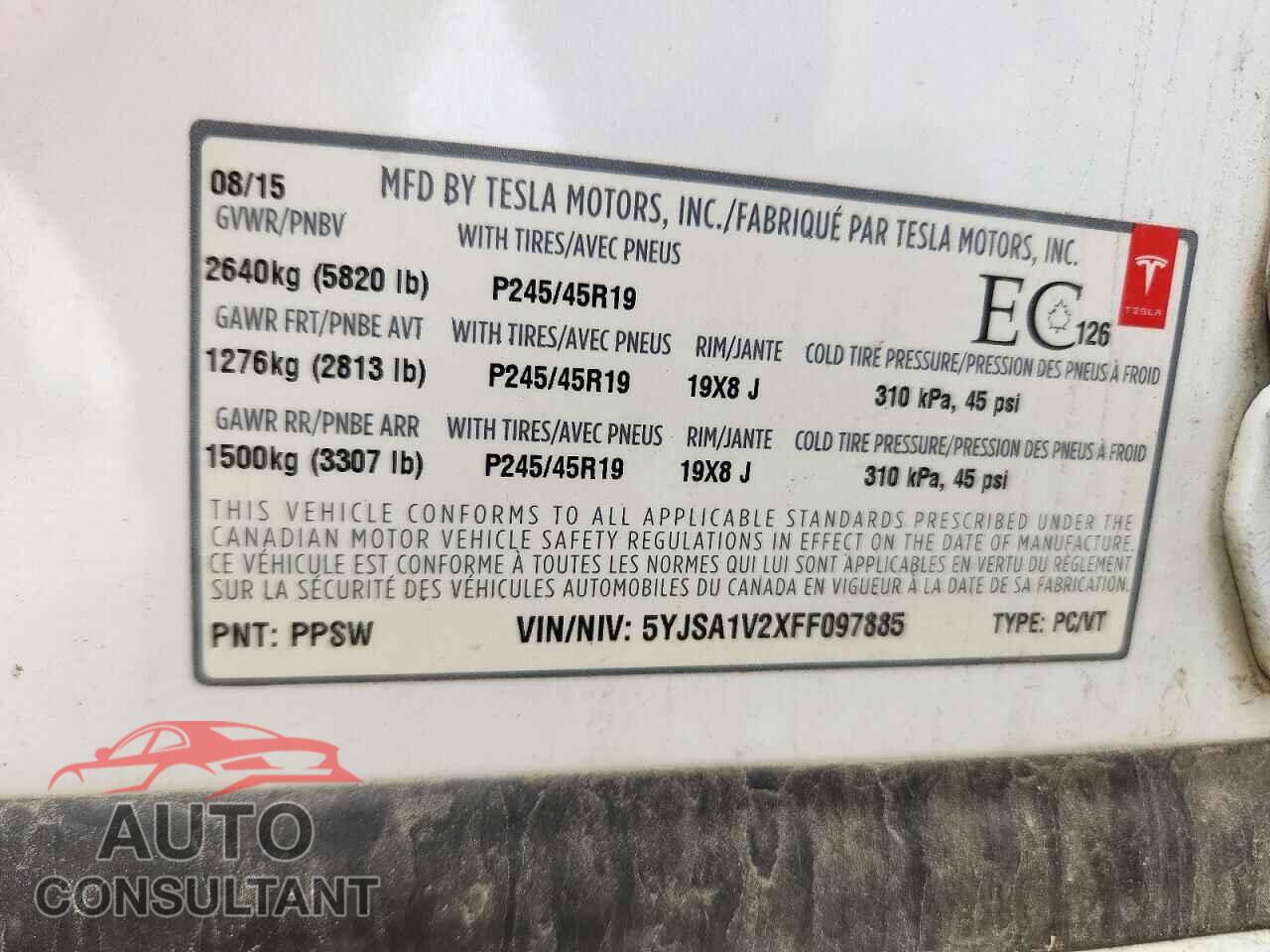 TESLA MODEL S 2015 - 5YJSA1V2XFF097885