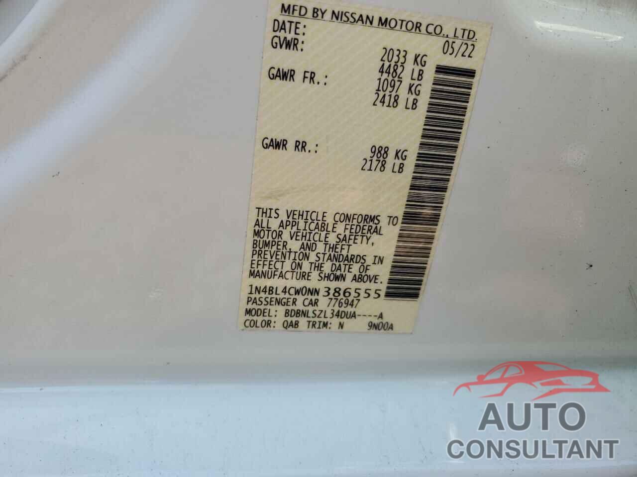 NISSAN ALTIMA 2022 - 1N4BL4CW0NN386555