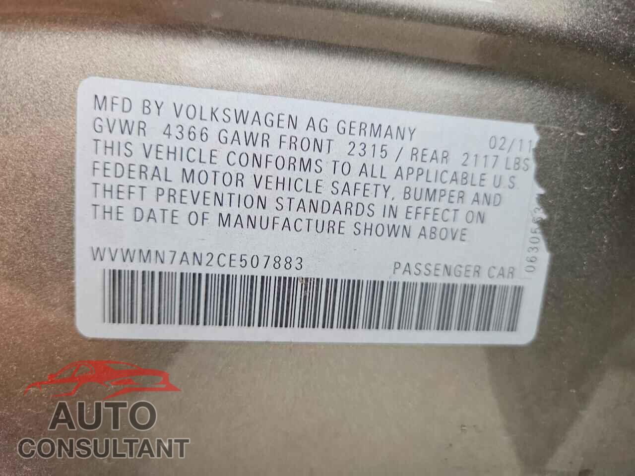 VOLKSWAGEN CC 2012 - WVWMN7AN2CE507883