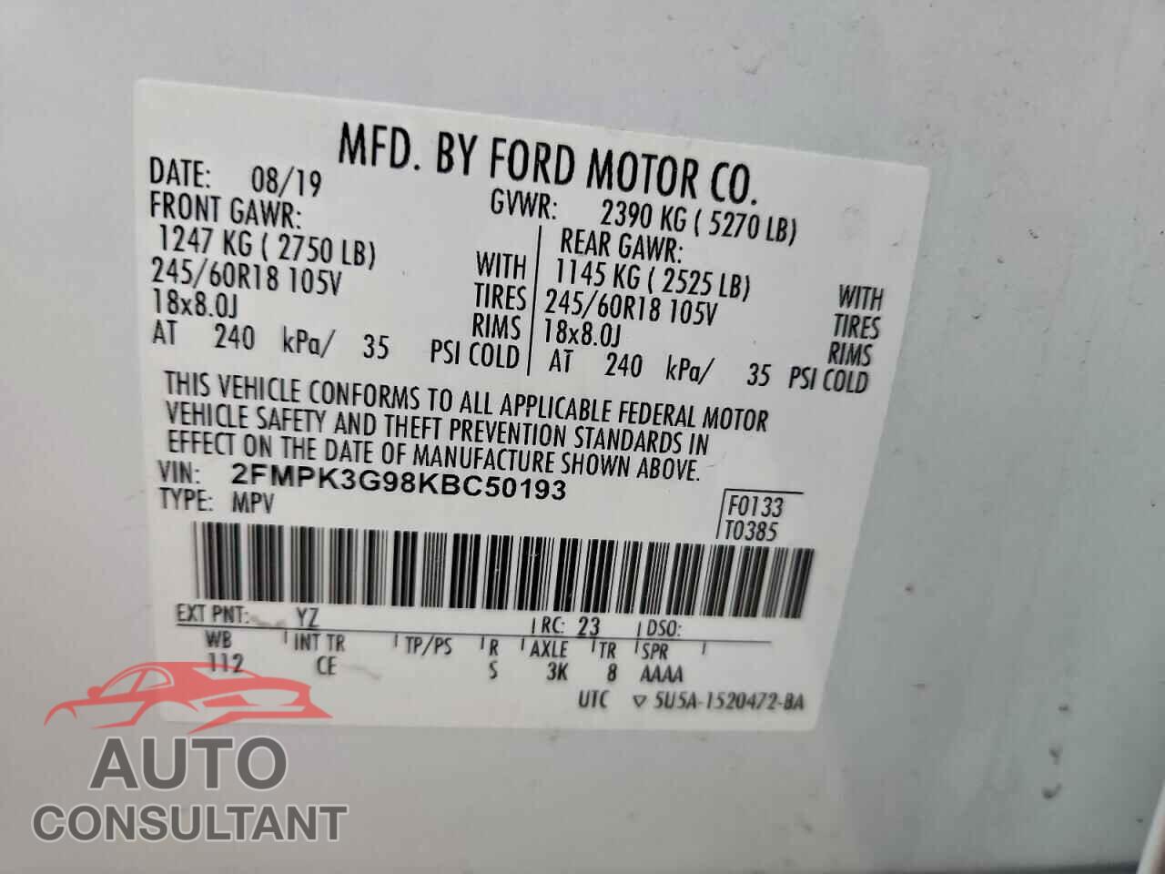 FORD EDGE 2019 - 2FMPK3G98KBC50193