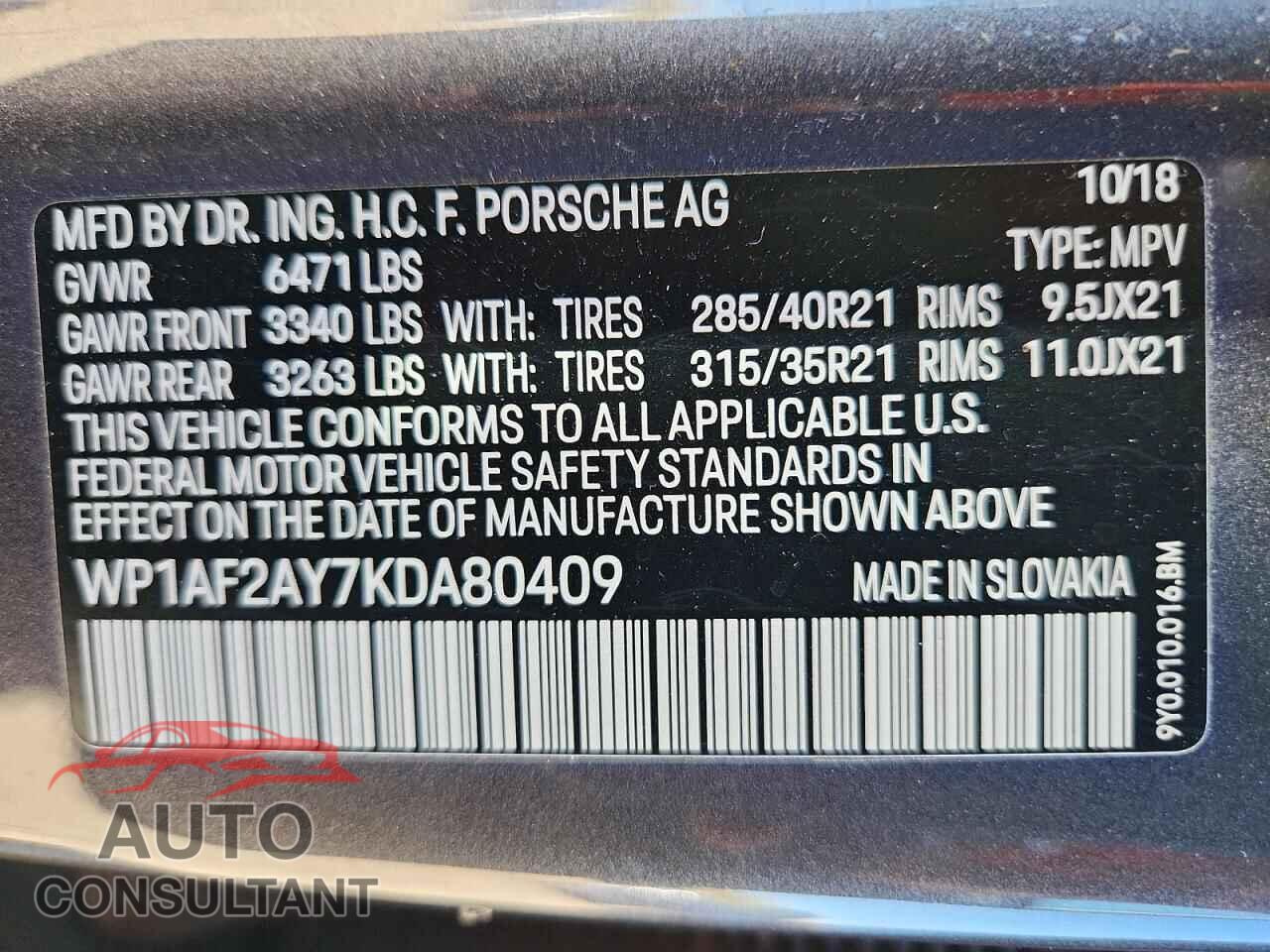 PORSCHE CAYENNE 2019 - WP1AF2AY7KDA80409