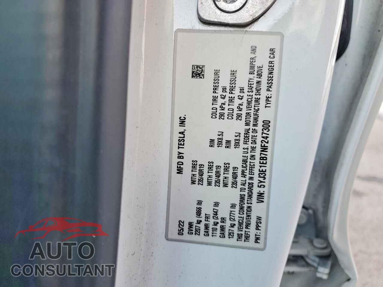 TESLA MODEL 3 2022 - 5YJ3E1EB7NF247300