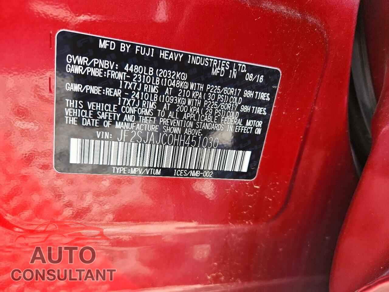 SUBARU FORESTER 2017 - JF2SJAJC0HH451030