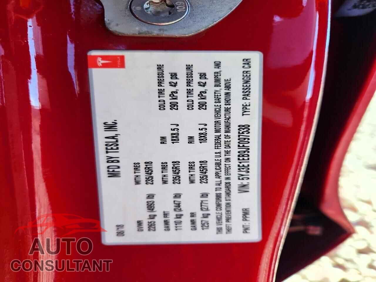 TESLA MODEL 3 2018 - 5YJ3E1EB9JF097538