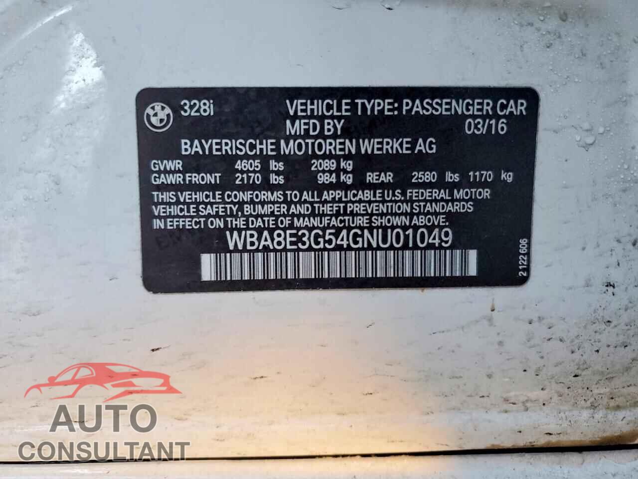 BMW 3 SERIES 2016 - WBA8E3G54GNU01049
