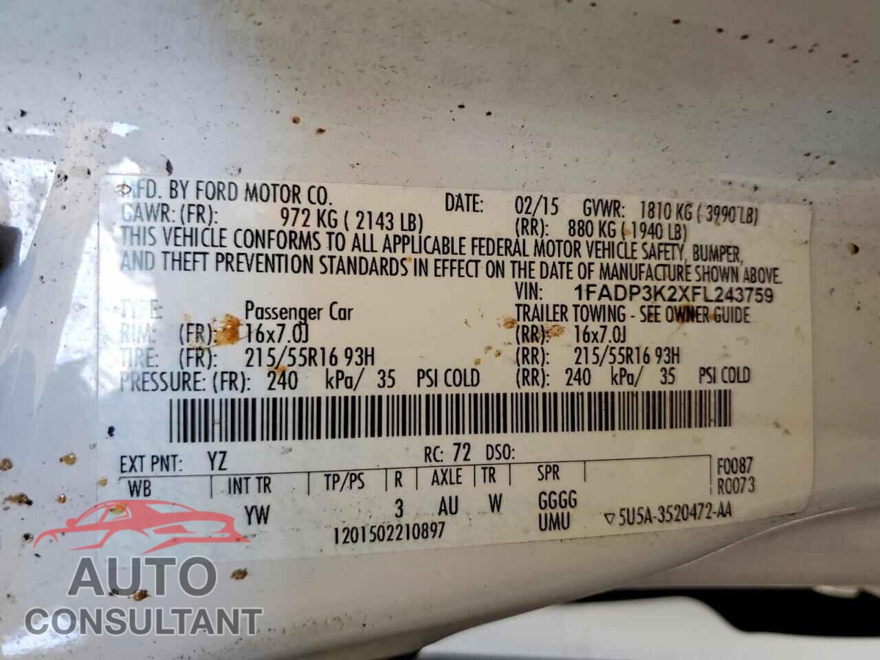 FORD FOCUS 2015 - 1FADP3K2XFL243759
