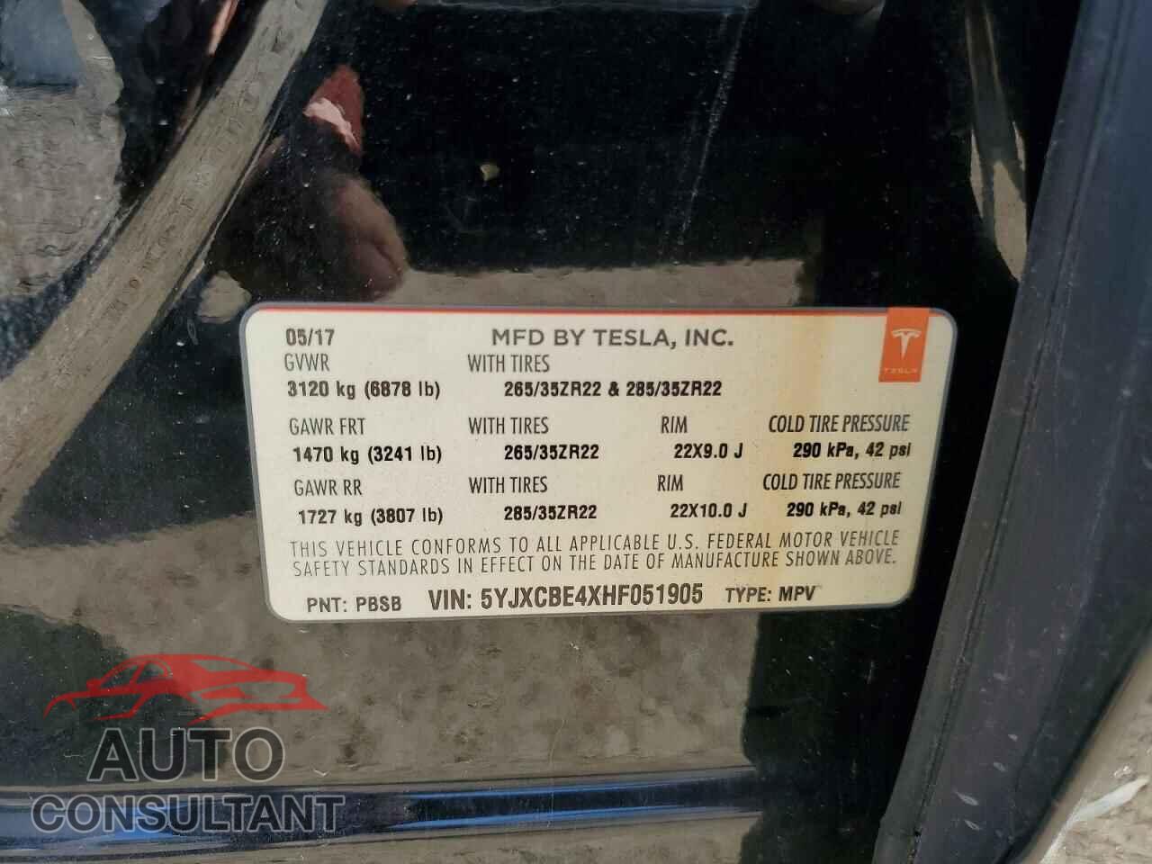 TESLA MODEL X 2017 - 5YJXCBE4XHF051905
