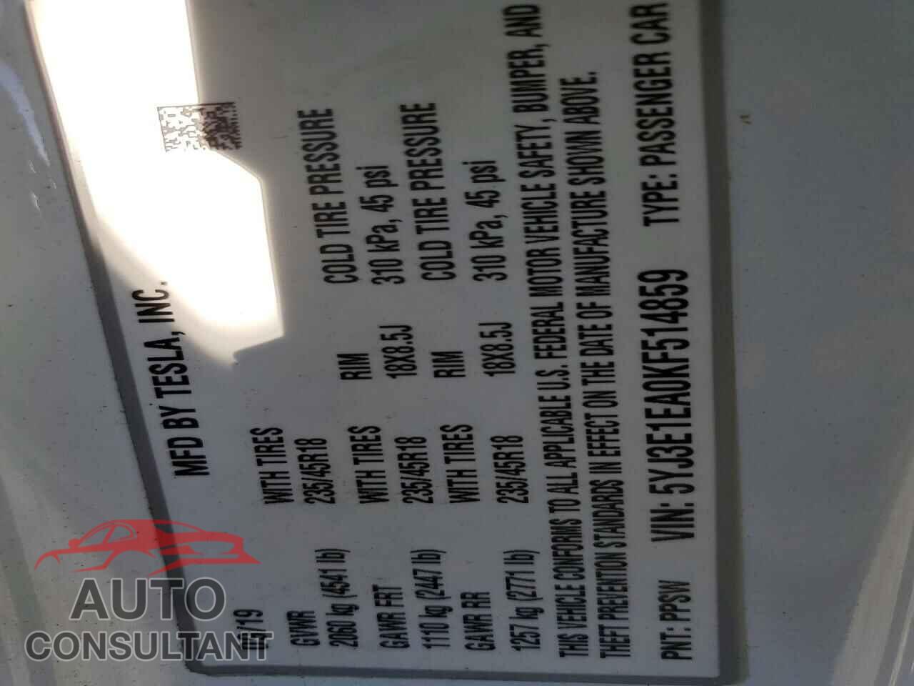 TESLA MODEL 3 2019 - 5YJ3E1EA0KF514859