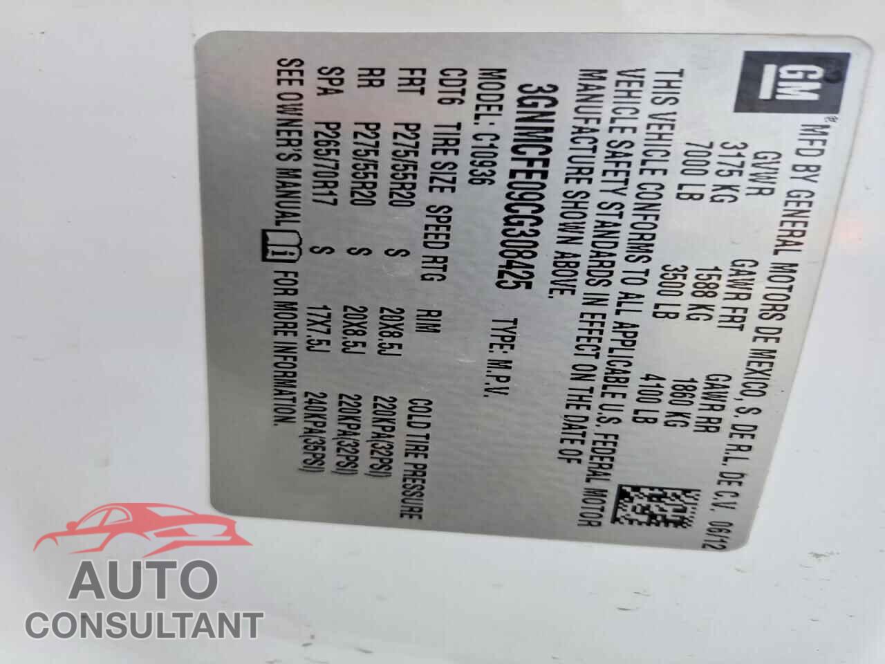 CHEVROLET AVALANCHE 2012 - 3GNMCFE09CG308425