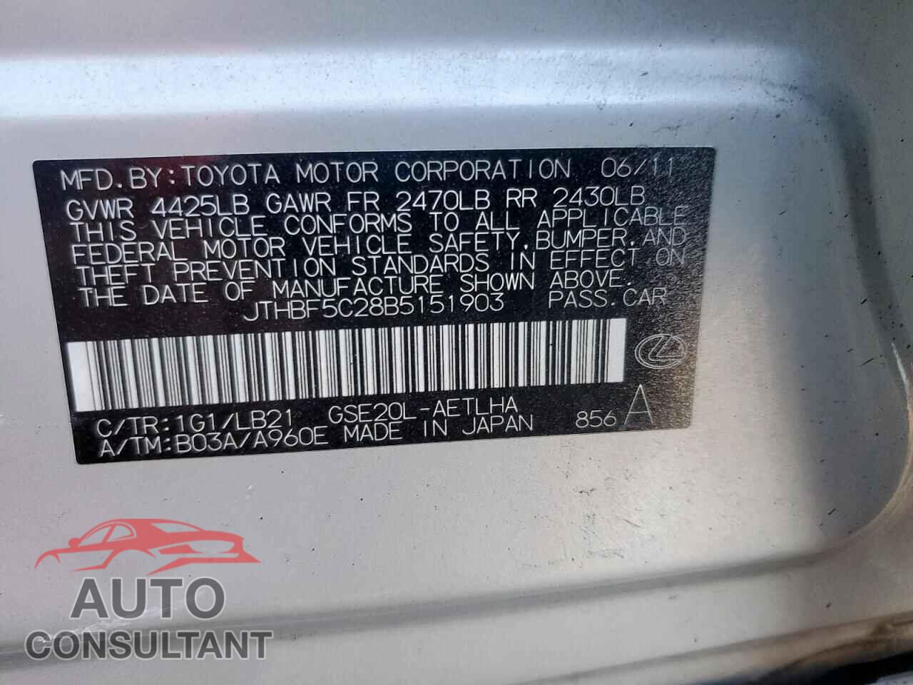 LEXUS IS 2011 - JTHBF5C28B5151903