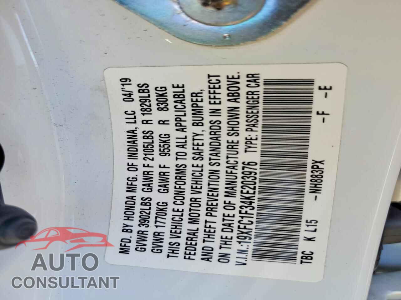 HONDA CIVIC 2019 - 19XFC1F34KE203976