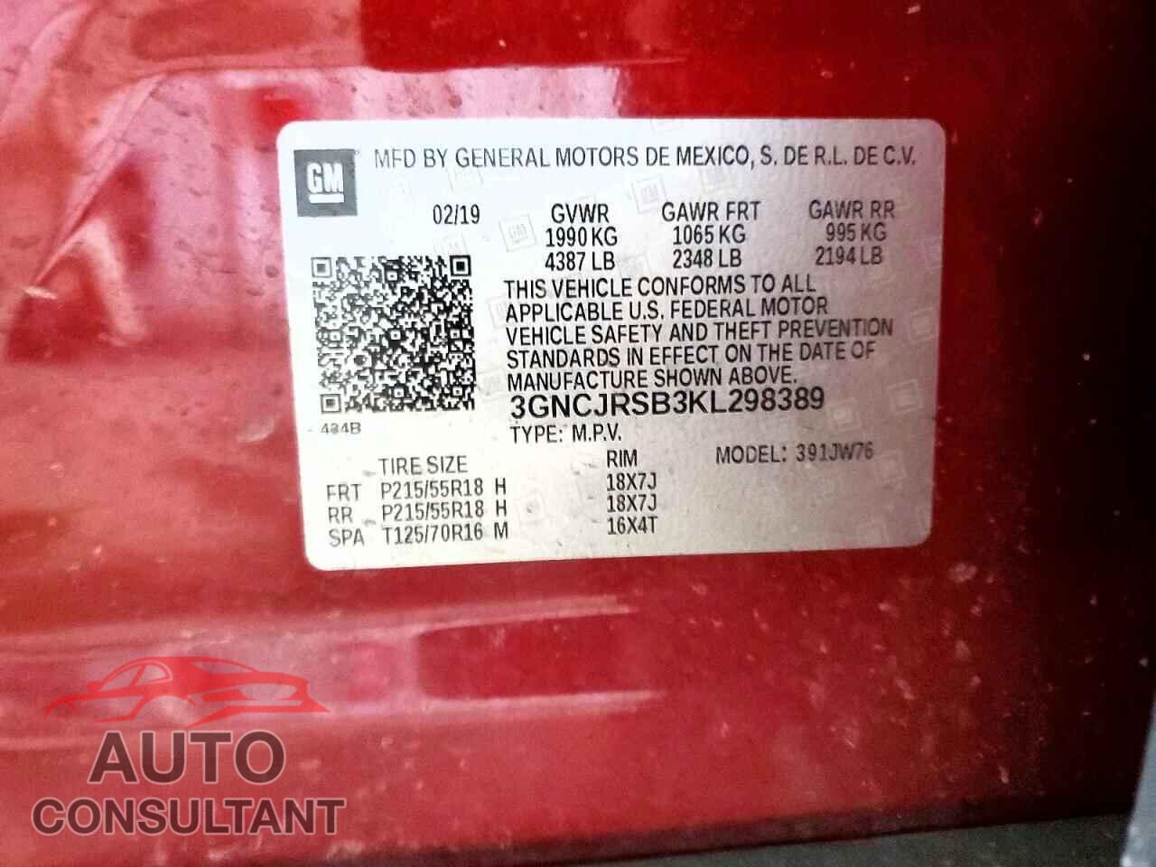 CHEVROLET TRAX 2019 - 3GNCJRSB3KL298389
