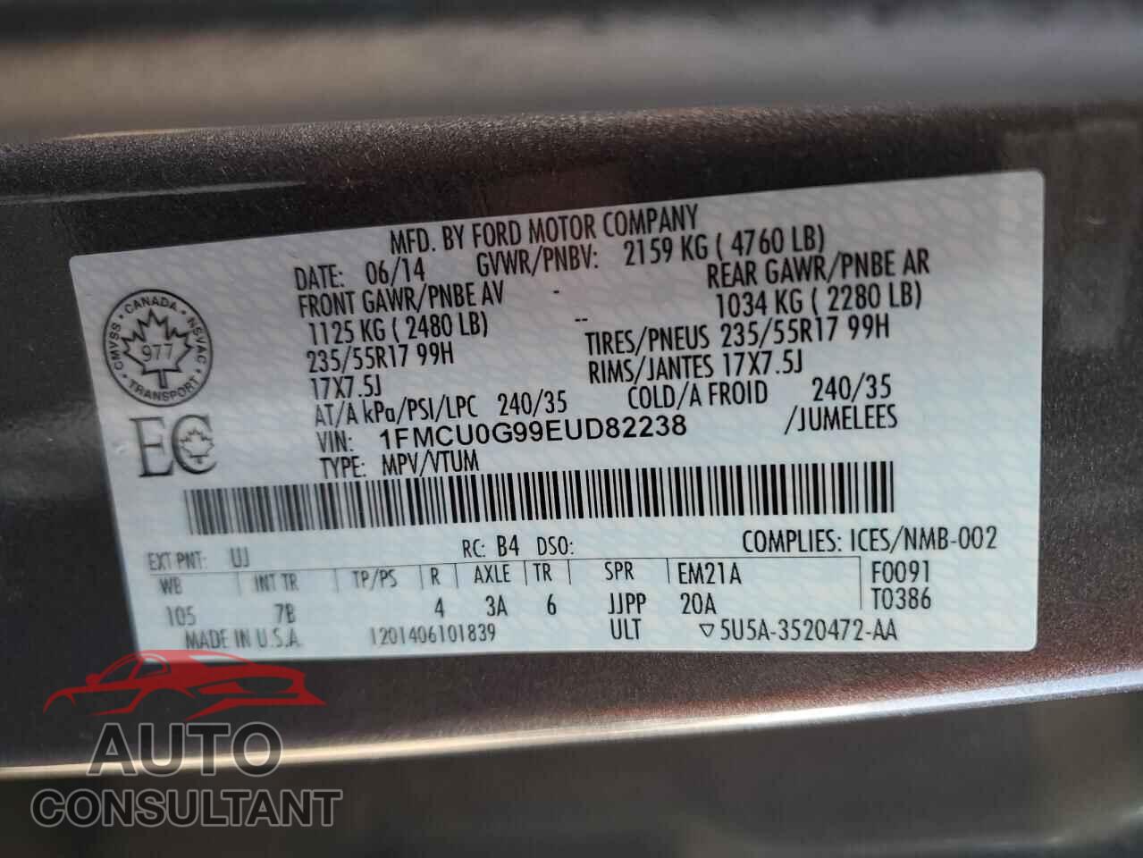 FORD ESCAPE 2014 - 1FMCU0G99EUD82238