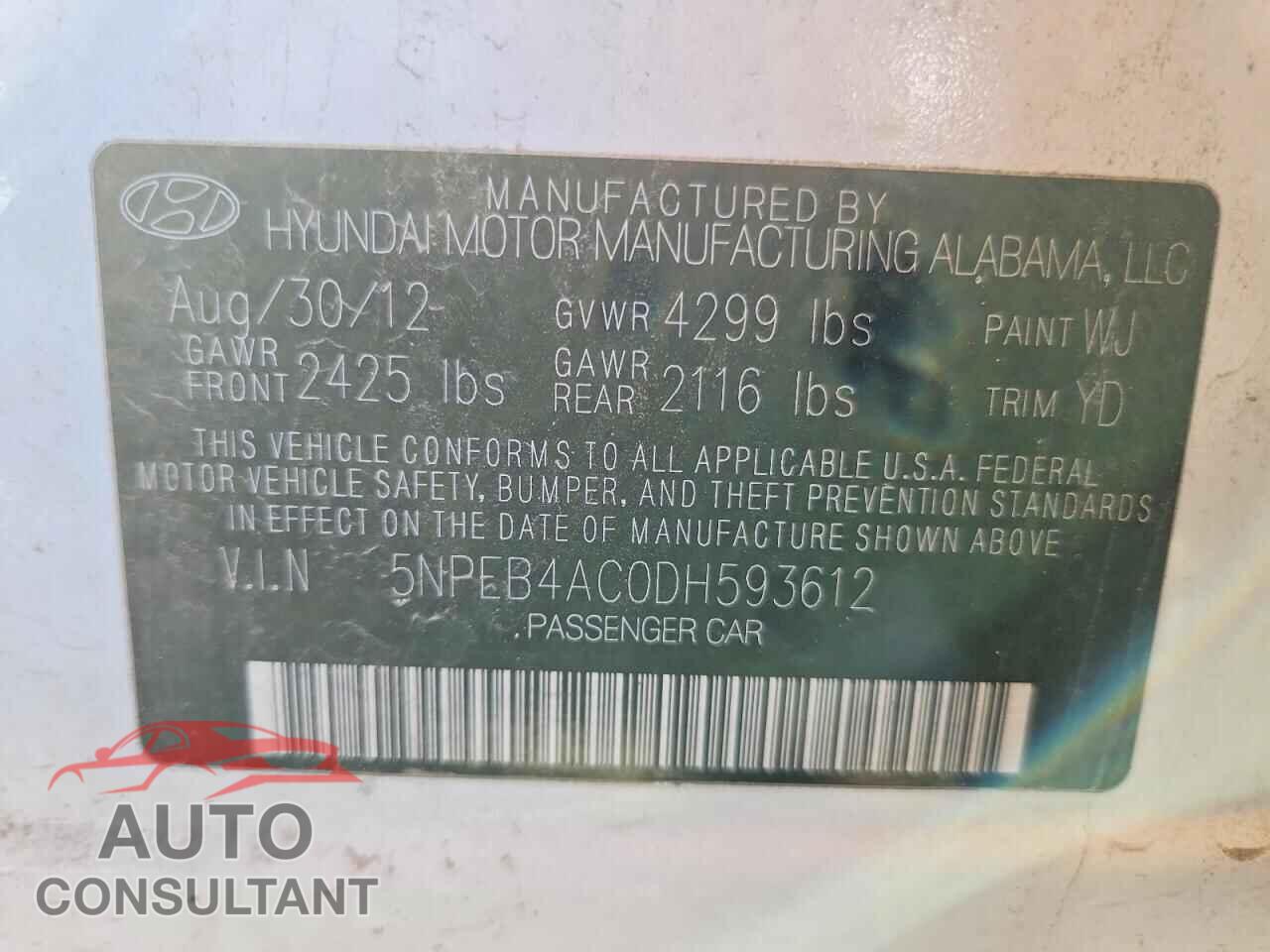 HYUNDAI SONATA 2013 - 5NPEB4AC0DH593612