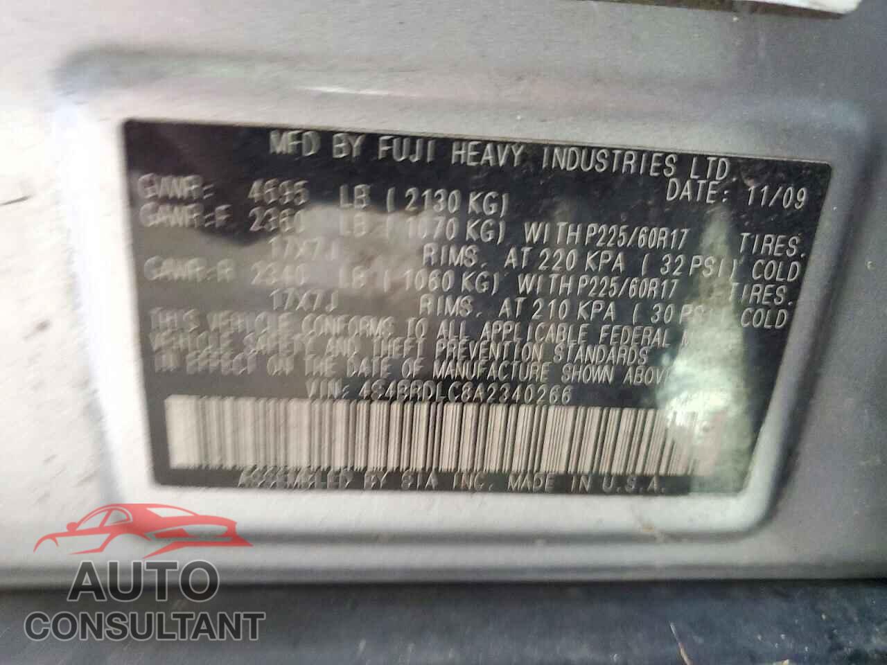 SUBARU OUTBACK 2010 - 4S4BRDLC8A2340266