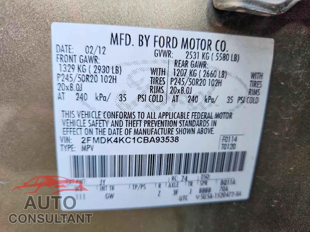 FORD EDGE 2012 - 2FMDK4KC1CBA93538