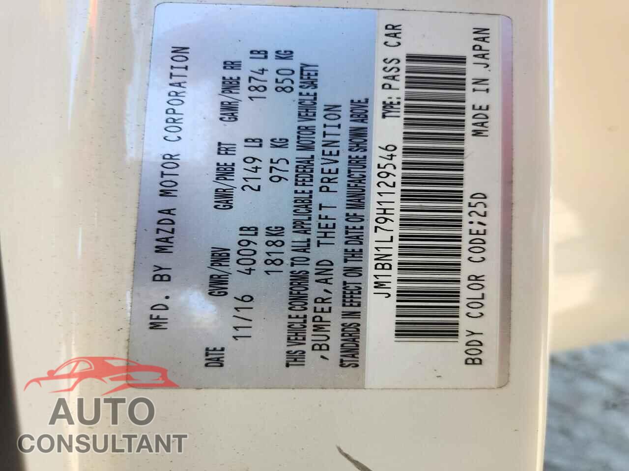 MAZDA 3 2017 - JM1BN1L79H1129546