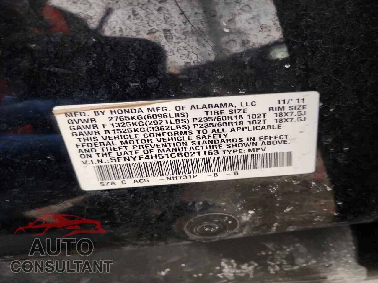 HONDA PILOT 2012 - 5FNYF4H51CB021163