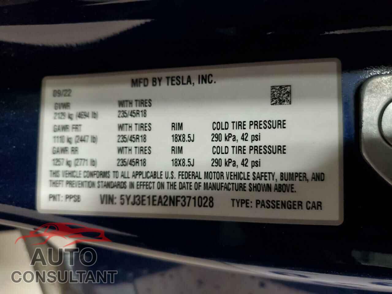 TESLA MODEL 3 2022 - 5YJ3E1EA2NF371028