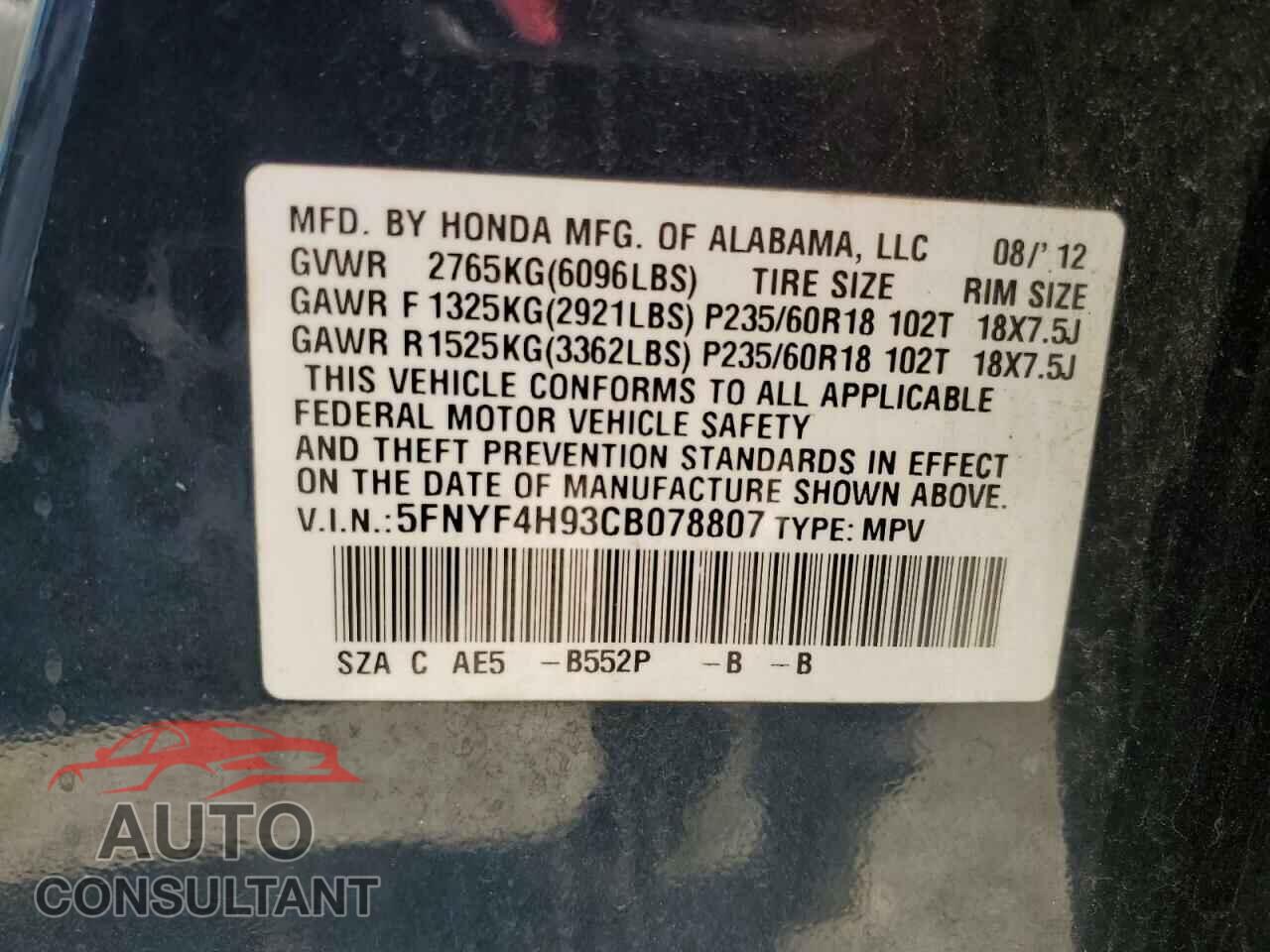 HONDA PILOT 2012 - 5FNYF4H93CB078807
