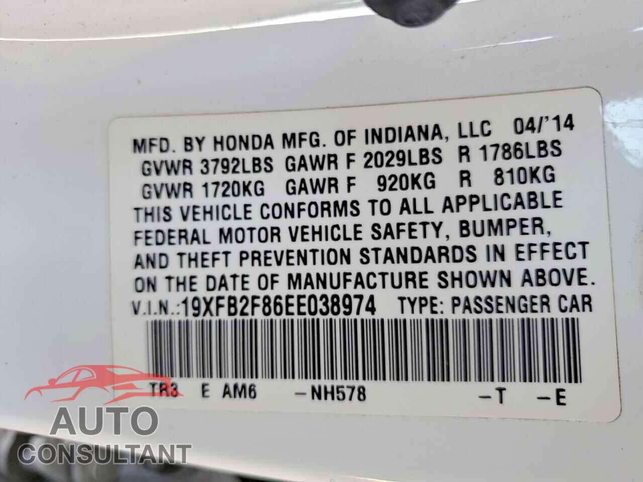 HONDA CIVIC 2014 - 19XFB2F86EE038974