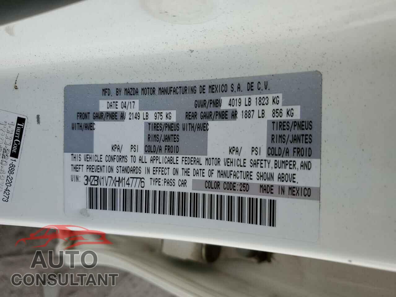 MAZDA 3 2017 - 3MZBN1V7XHM147776