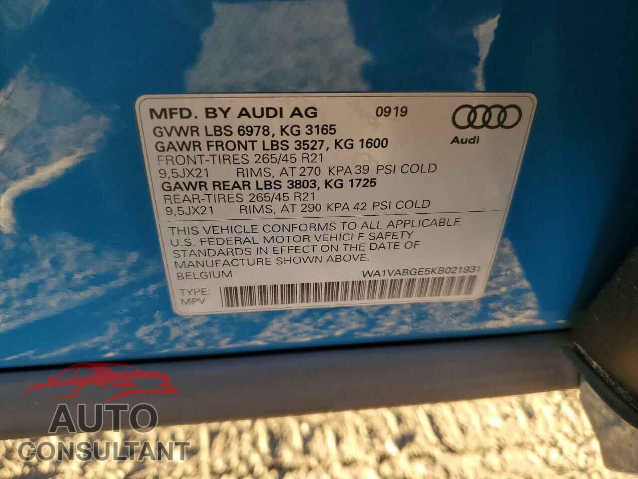AUDI E-TRON 2019 - WA1VABGE5KB021931
