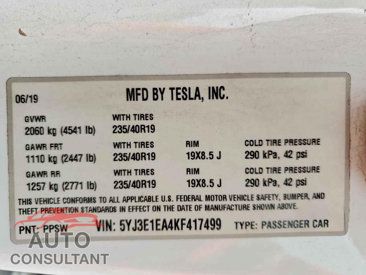TESLA MODEL 3 2019 - 5YJ3E1EA4KF417499