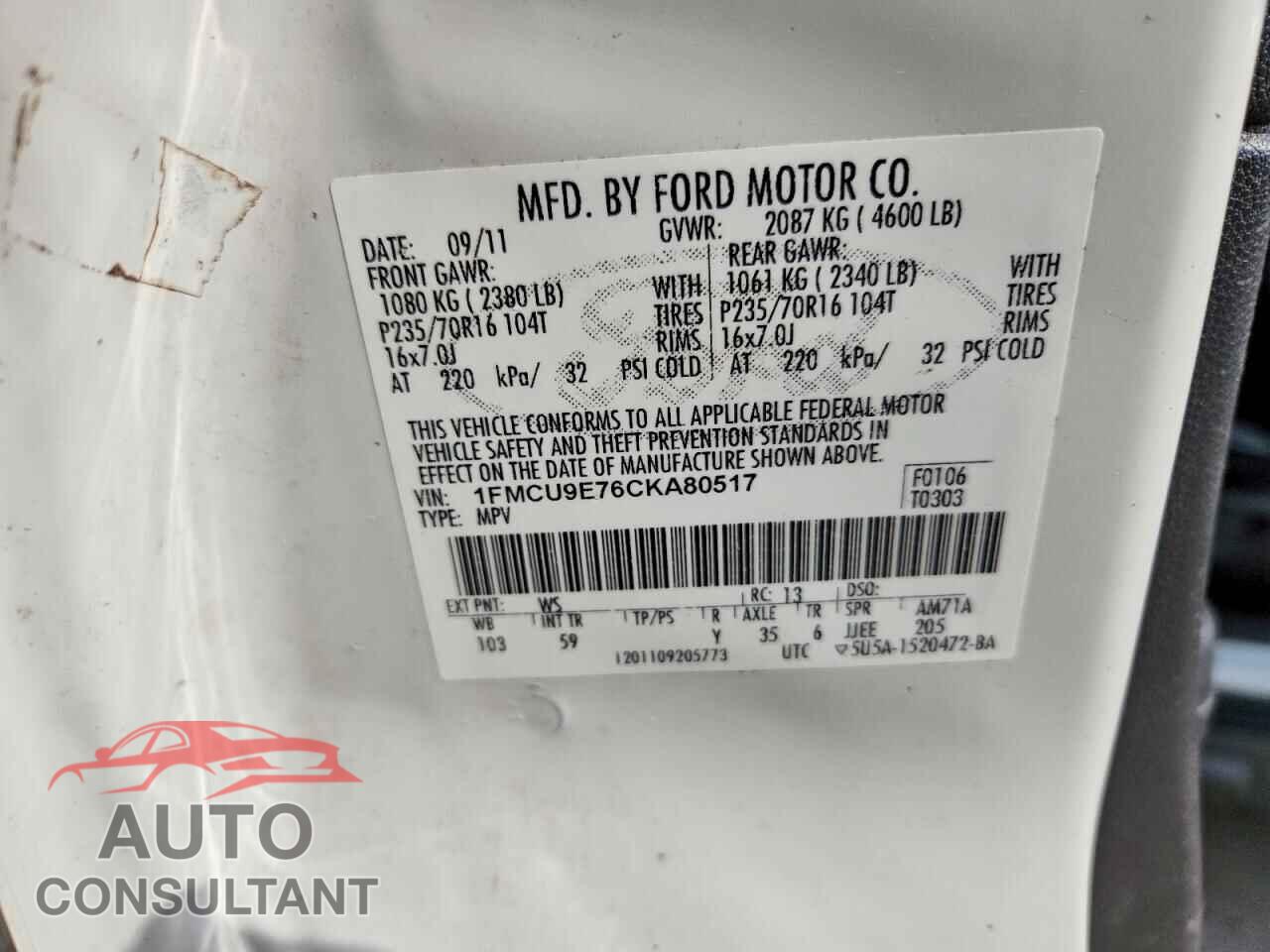 FORD ESCAPE 2012 - 1FMCU9E76CKA80517