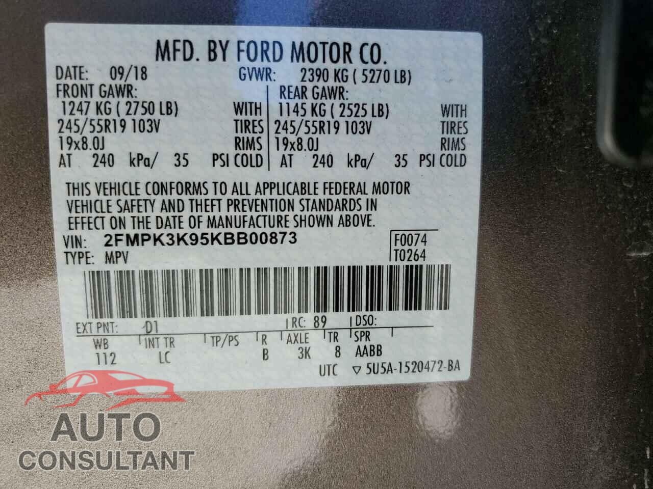 FORD EDGE 2019 - 2FMPK3K95KBB00873