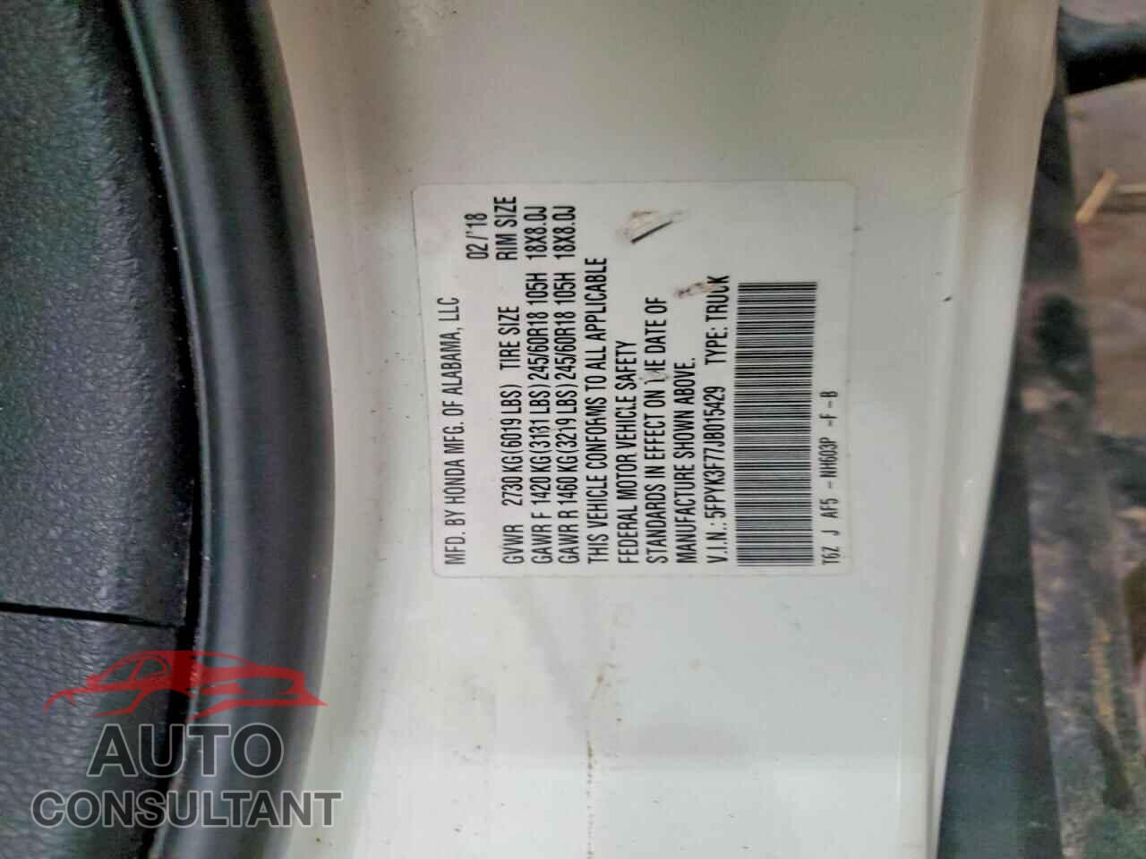 HONDA RIDGELINE 2018 - 5FPYK3F77JB015429