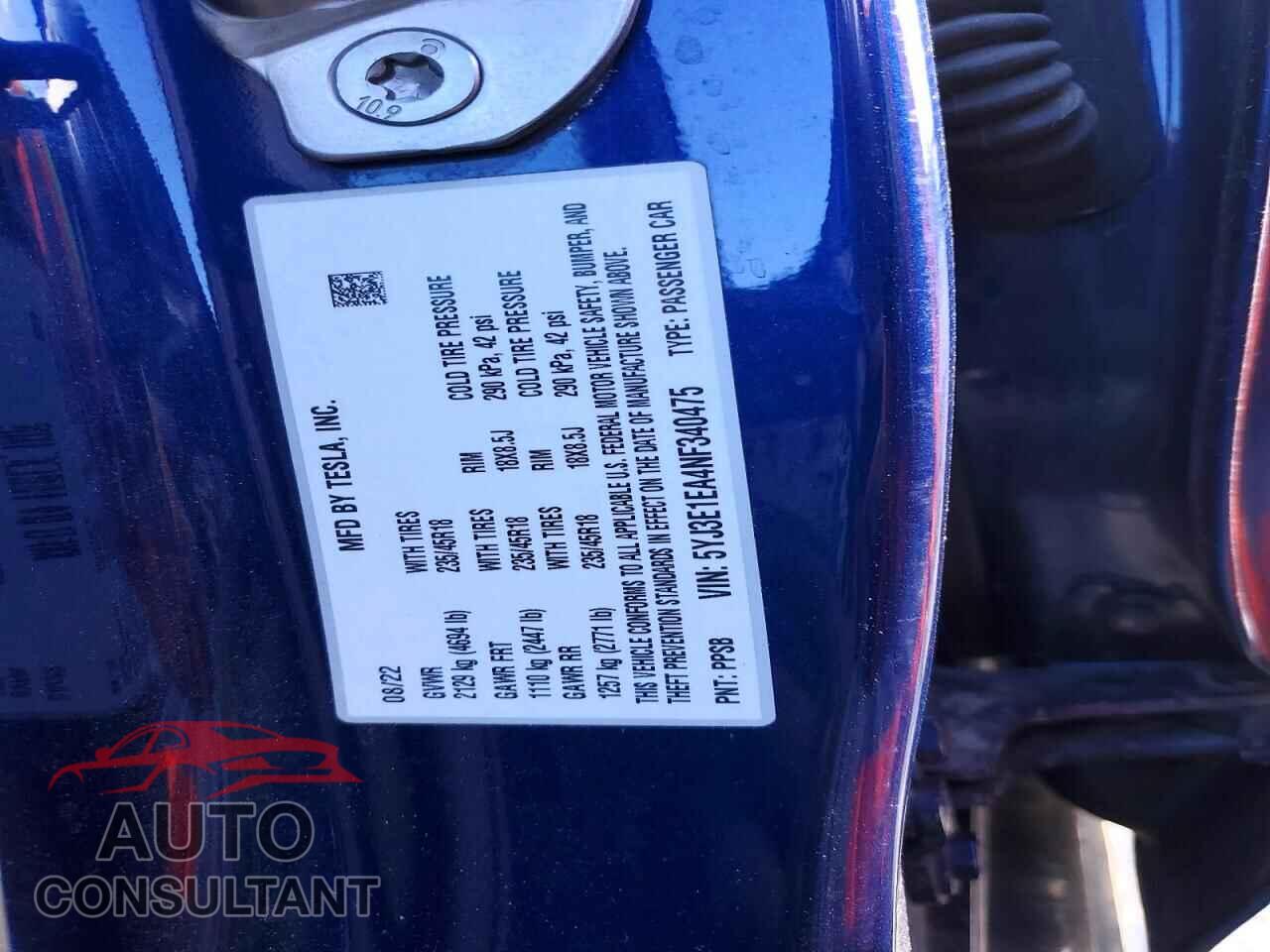 TESLA MODEL 3 2022 - 5YJ3E1EA4NF340475