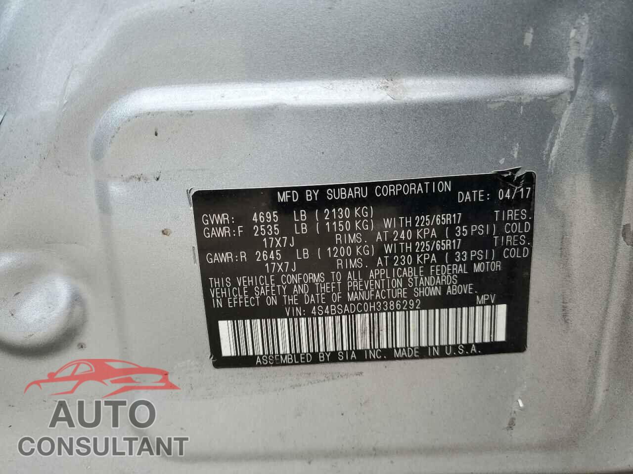 SUBARU OUTBACK 2017 - 4S4BSADC0H3386292