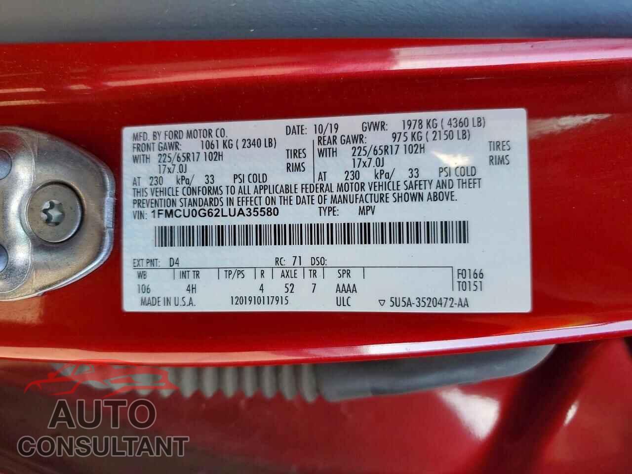 FORD ESCAPE 2020 - 1FMCU0G62LUA35580