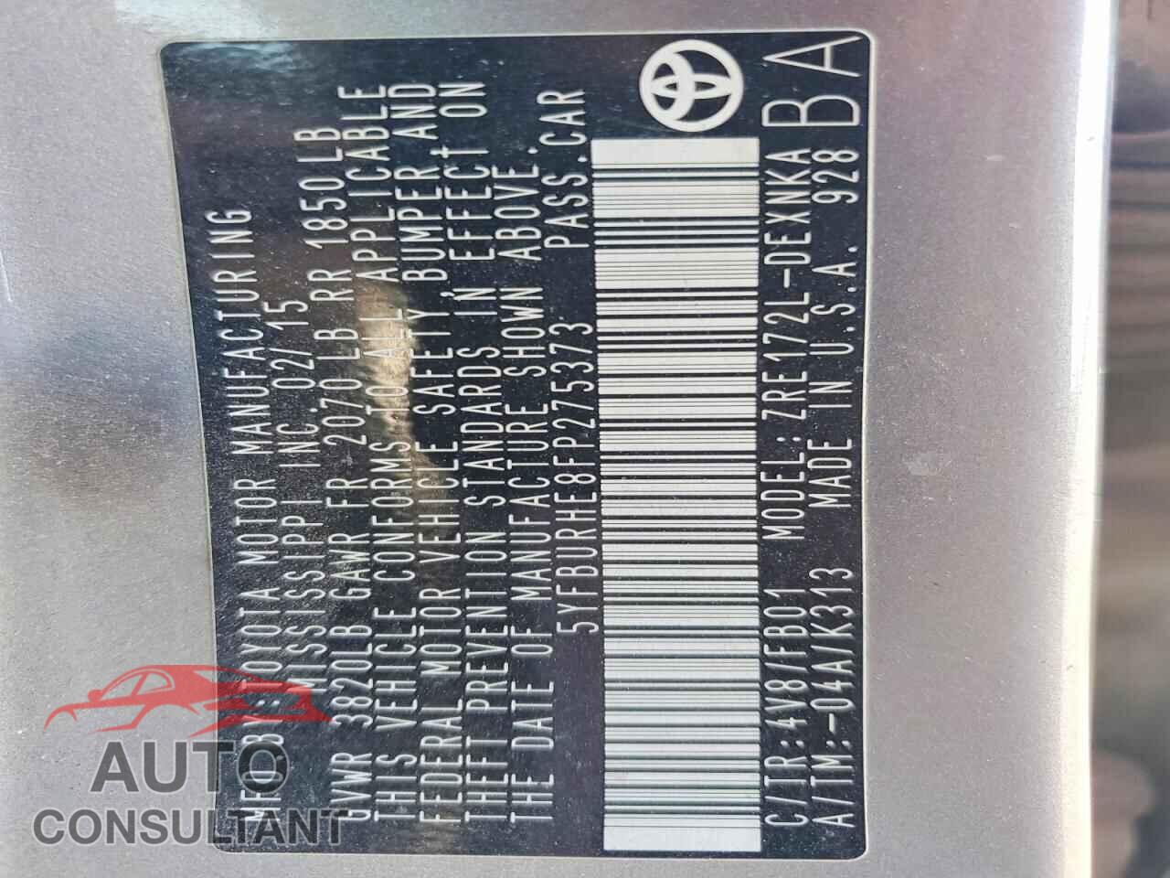 TOYOTA COROLLA 2015 - 5YFBURHE8FP275373
