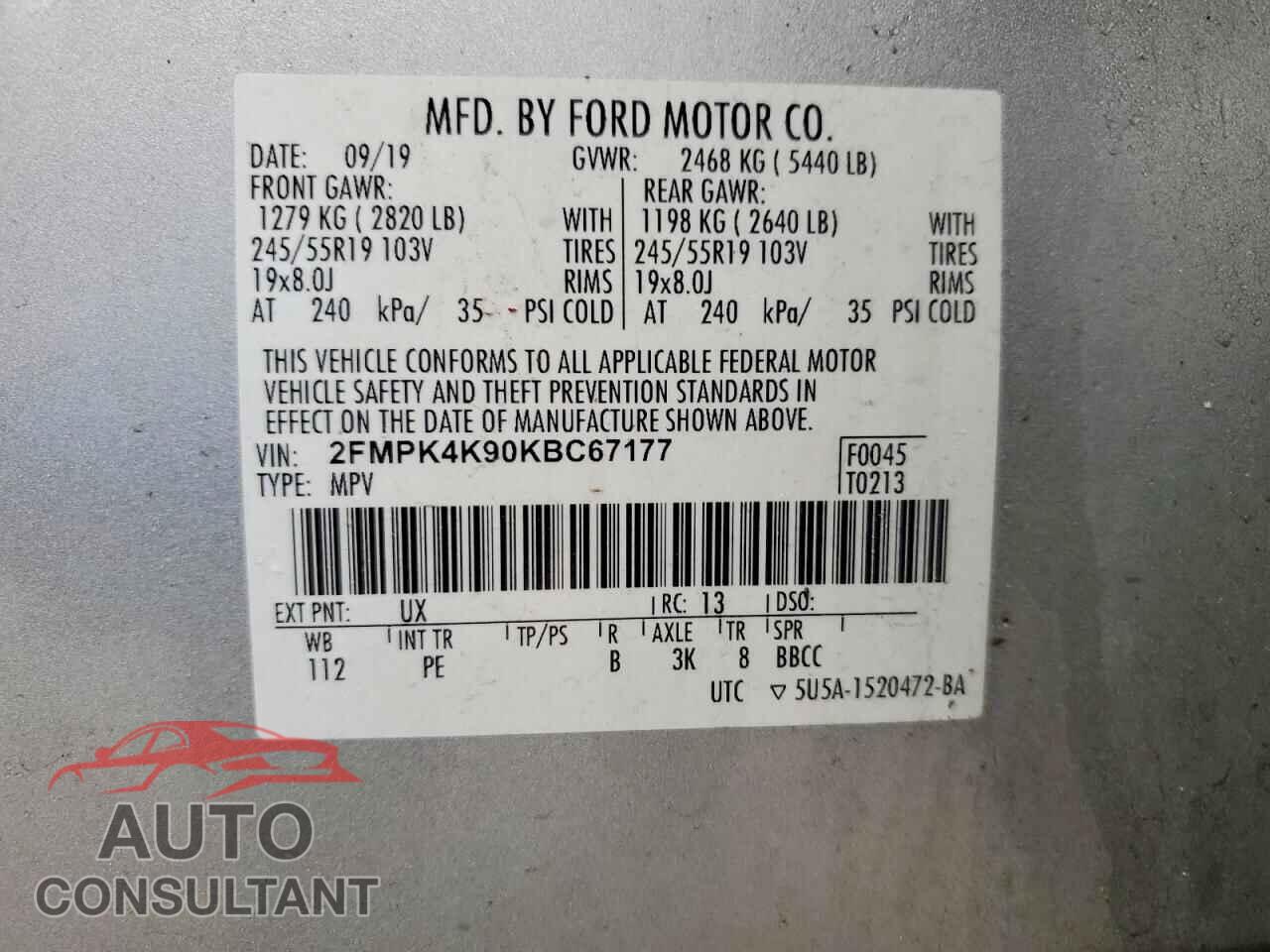 FORD EDGE 2019 - 2FMPK4K90KBC67177
