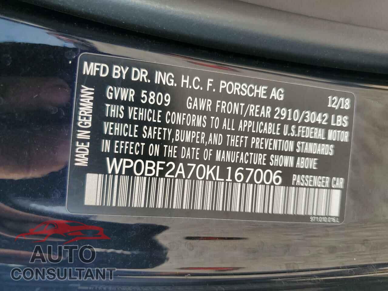 PORSCHE PANAMERA 2019 - WP0BF2A70KL167006