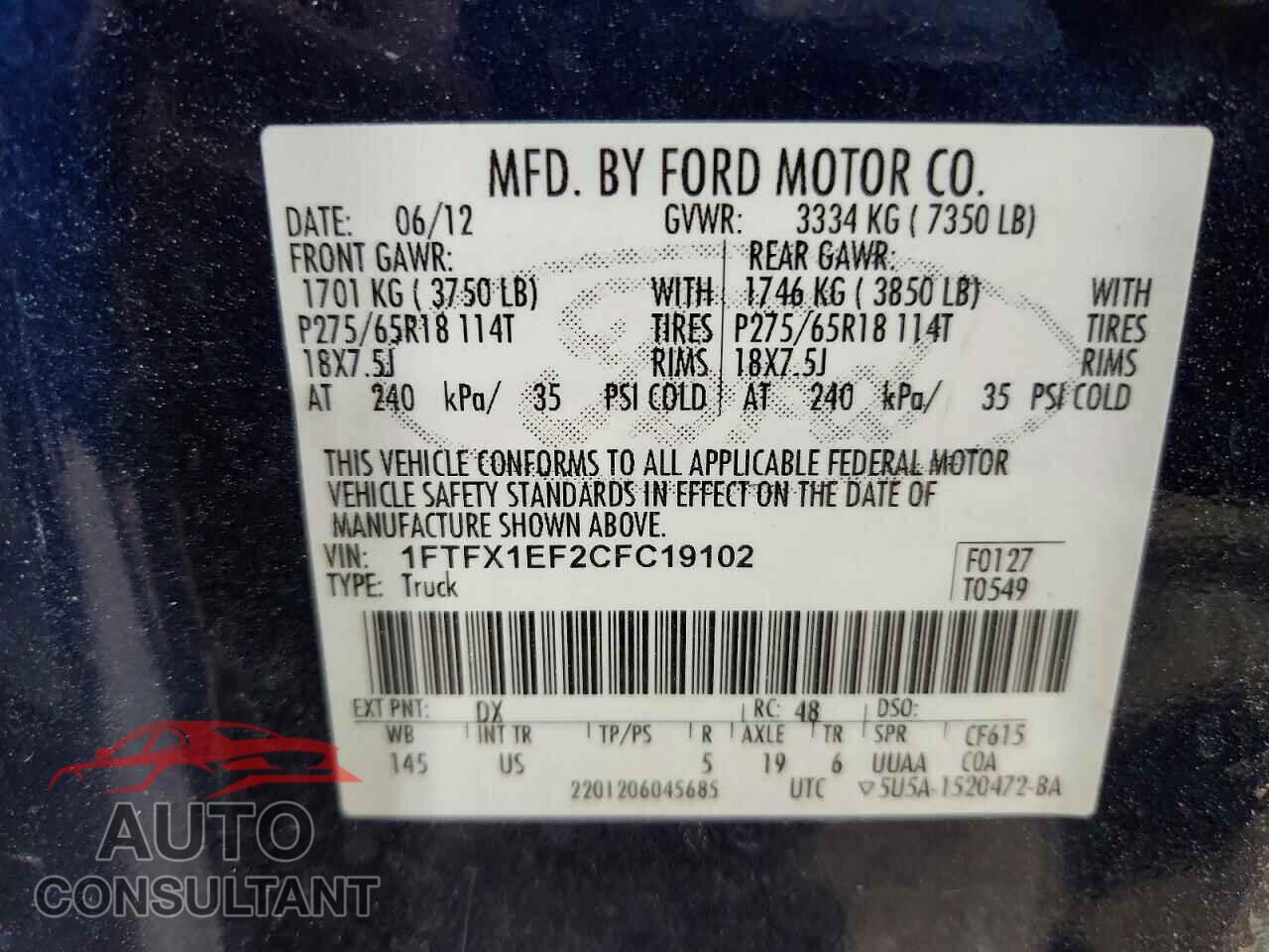 FORD F150 2012 - 1FTFX1EF2CFC19102