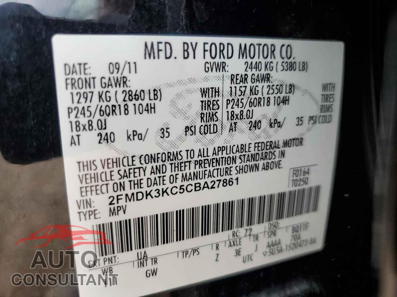 FORD EDGE 2012 - 2FMDK3KC5CBA27861