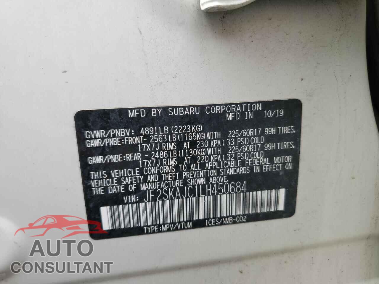 SUBARU FORESTER 2020 - JF2SKAJC1LH450684