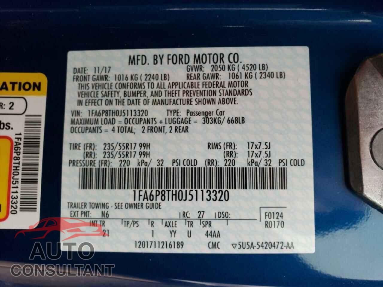 FORD MUSTANG 2018 - 1FA6P8TH0J5113320