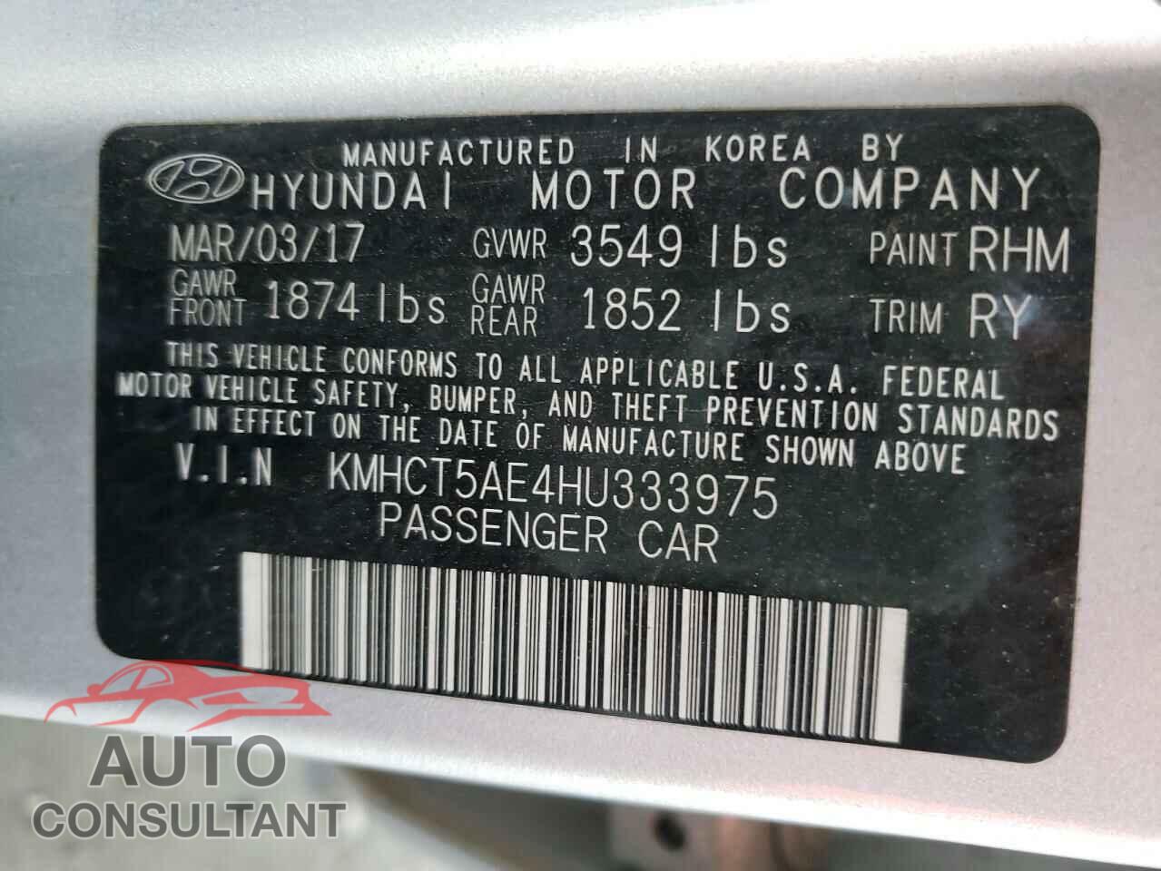 HYUNDAI ACCENT 2017 - KMHCT5AE4HU333975