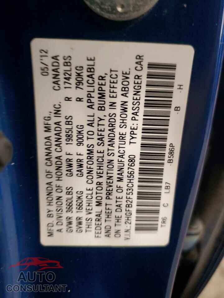 HONDA CIVIC 2012 - 2HGFB2F53CH567680