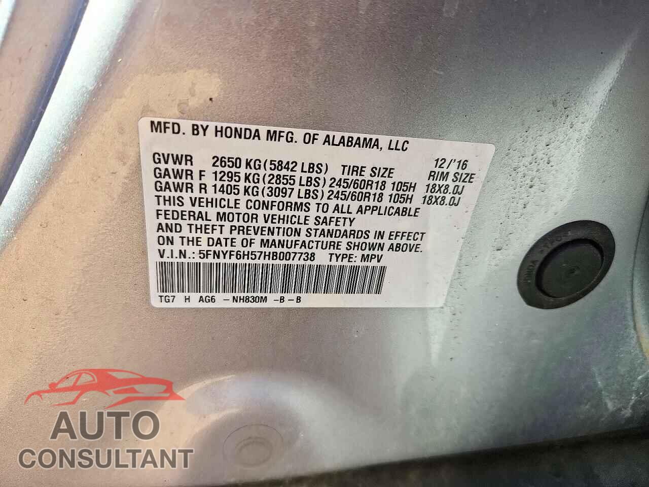 HONDA PILOT 2017 - 5FNYF6H57HB007738