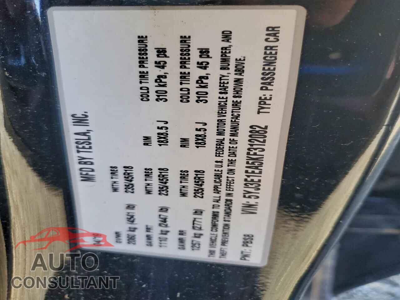 TESLA MODEL 3 2019 - 5YJ3E1EA5KF312082