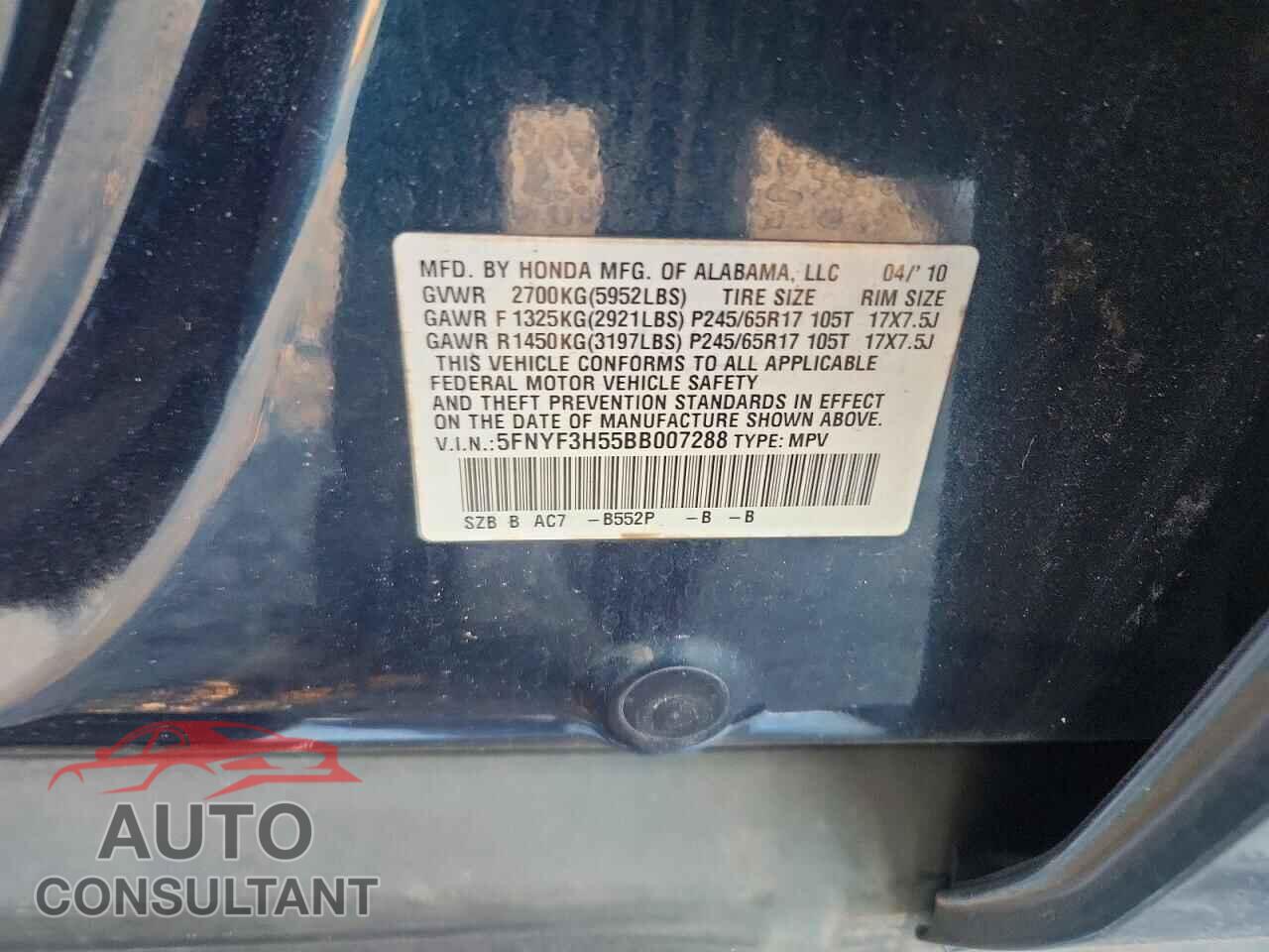 HONDA PILOT 2011 - 5FNYF3H55BB007288
