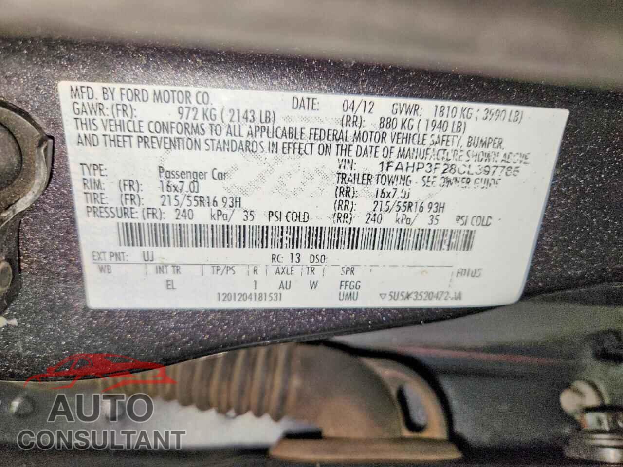 FORD FOCUS 2012 - 1FAHP3F28CL397765